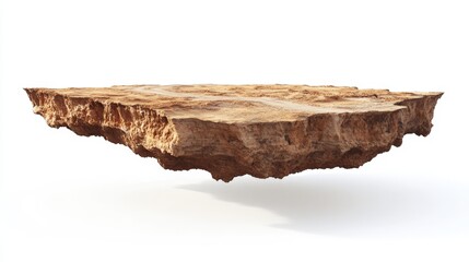 Fototapeta premium A floating chunk of desert ground with a road cutting through the sandy terrain, the edges of the ground exposed to reveal layers of earth, all isolated against a clean white background.