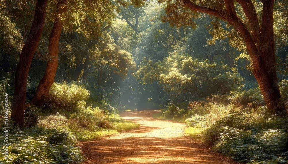 Poster Sunlight streaming through trees onto a forest path