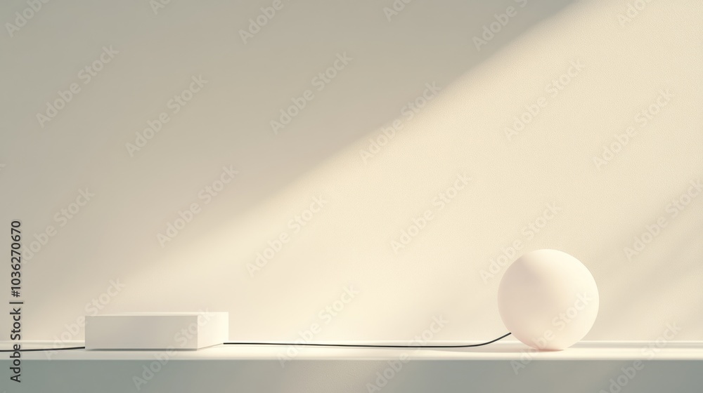 Aufkleber a white egg and a cube on a shelf with a thin wire between them, illuminated by sunlight.