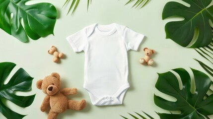 Adorable unisex infant bodysuit and ecofriendly toys on a soft pastel backdrop, perfect for showcasing your babys style.