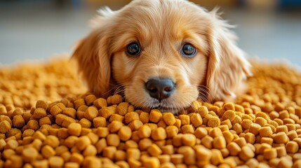 A puppy playfully hidden in a mound of dry kibble, illustrating the joy of pet care and canine nutrition.