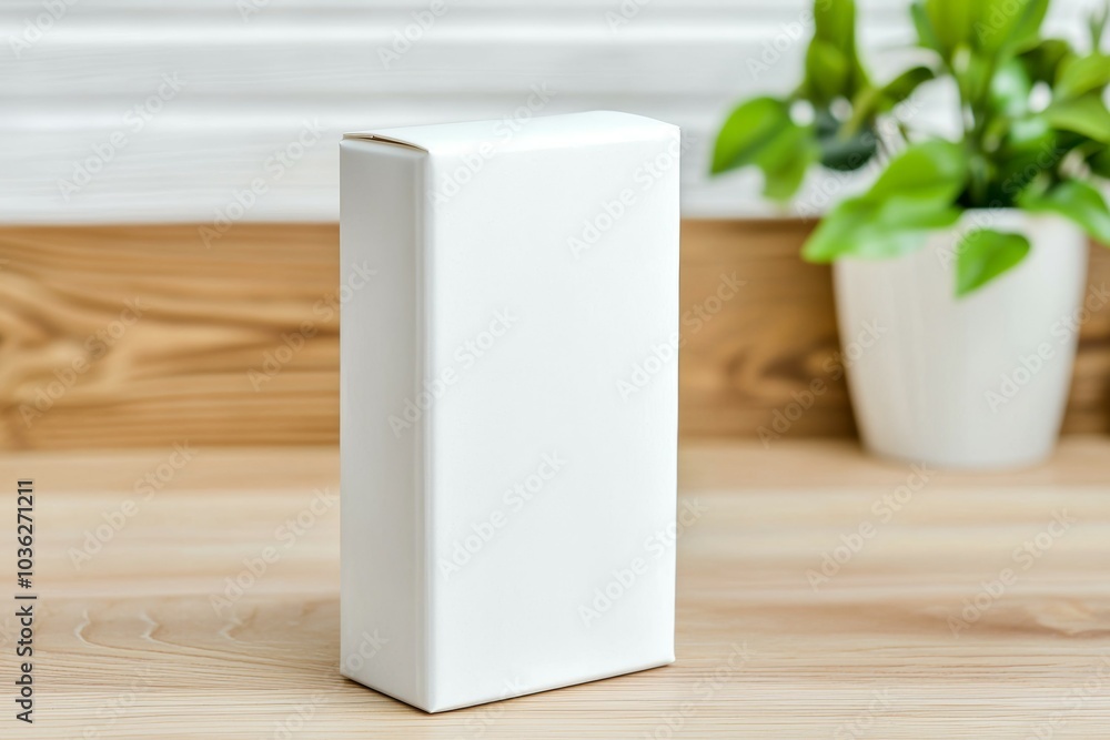 Wall mural A white box sits on a wooden table next to a potted plant