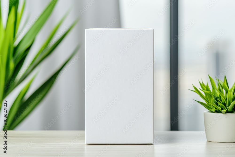 Poster A white box sits on a table next to a potted plant