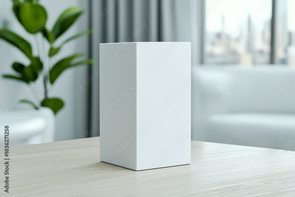 Canvas Prints A white box sits on a wooden table in a room with a large window