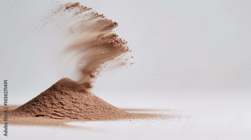 Poster a mesmerizing stop motion of sand exploding on a white backdrop, showcasing stunning textures and in
