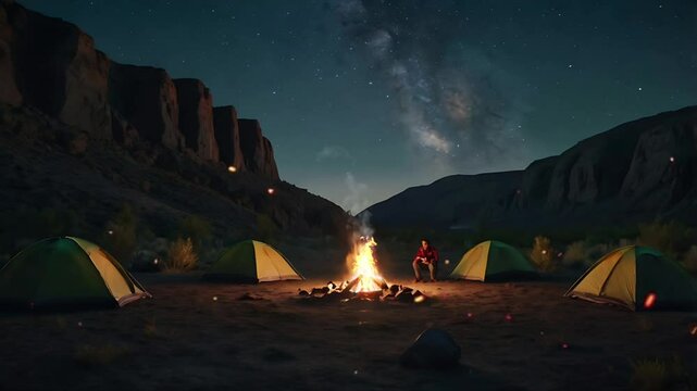 A campsite and a campfire in the middle of the forest at night. Seamless 4K looping timelapse video animation background
