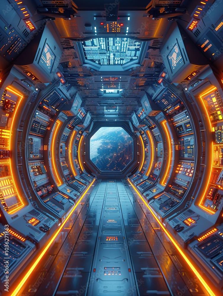 Poster a futuristic spaceship corridor with glowing panels and a view of earth through a window.