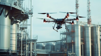 A futuristic autonomous drone-based infrastructure inspection system, clean industrial landscape with drones equipped for detailed structural analysis and reporting, Inspection style