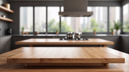 wooden dining table for food presentation in a kitchen minimalist interior design with wide window