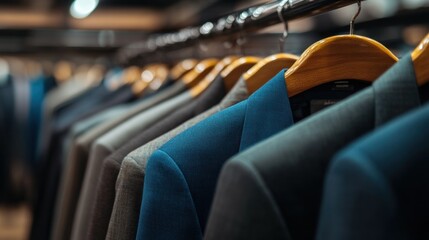 Fototapeta premium Men's Suits hanging on a rack in different colors in a luxury retail clothing store,