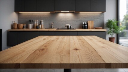 Fototapeta premium empty wooden dining table for food presentation in a kitchen minimalist interior design long shot