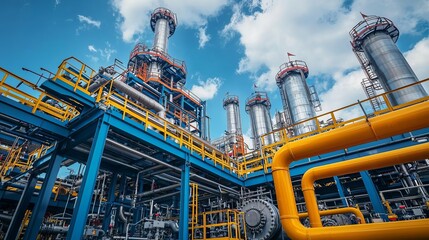 Fototapeta premium Fuel Processing Technology Natural gas processing facility, complex piping systems, clean industrial look
