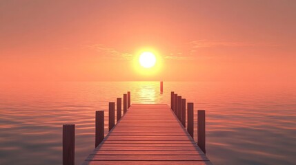 Obraz premium A wooden pier extends into a calm sea, with the sun setting behind it, casting a warm glow over the water.