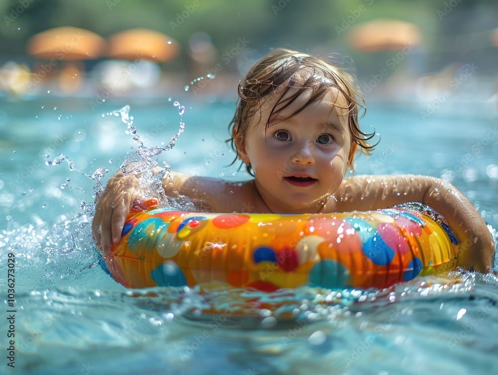 Poster a joyful child swims in a pool with a colorful inflatable ring.