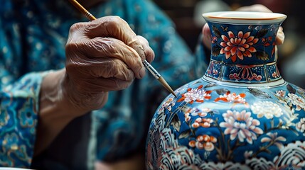 The art of porcelain painting captured in detail as a skilled artisan meticulously decorates a traditional Chinese vase with vibrant colors and intricate patterns revealing cultural significance