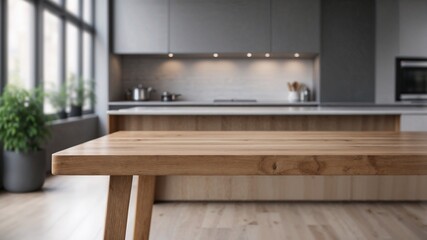 empty wooden dining table for food presentation in a kitchen with wooden floor minimalist interior design