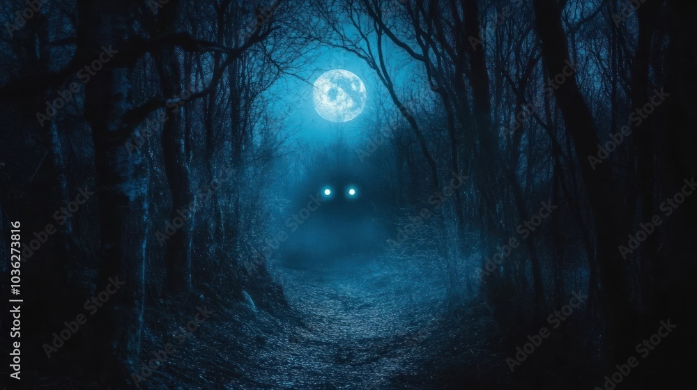 Poster A mysterious path through a dark forest, illuminated by a full moon and two glowing eyes in the distance, creating a spooky and eerie atmosphere.