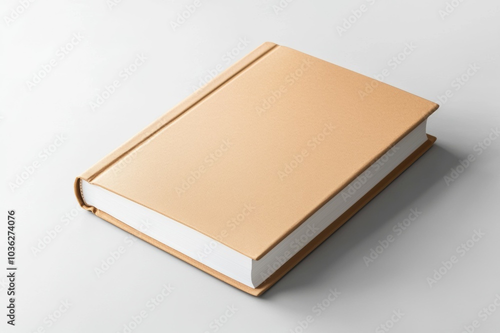 Sticker A tan leather bound book with a white spine sits on a white surface