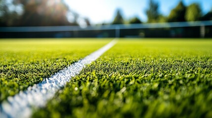 A high-definition close-up of the neatly trimmed grass on a tennis court, showing the vibrant green surface and clean white lines, ready for a professional tournament.