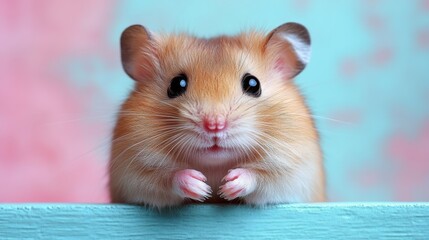 Photo of a Cute Hamster Peeking Over the Edge on a Pastel Blue and Pink Background, with a Banner and Copy Space Area for Web Design or Print Material  
