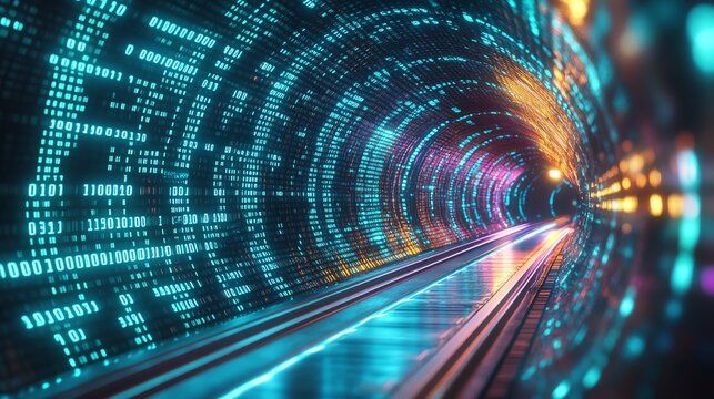 Futuristic digital tunnel with glowing binary code and vibrant colors.