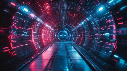 Futuristic tunnel with glowing lights and digital patterns, dark ambiance.