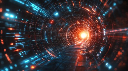Fototapeta premium Futuristic tunnel with glowing lights and energy, vibrant digital abstract composition.