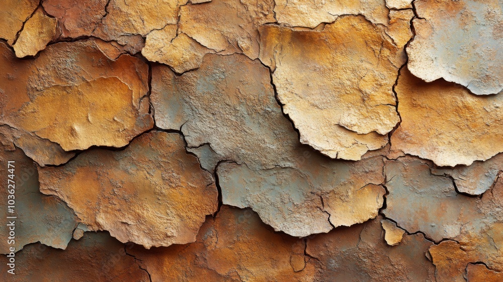 Poster On a textured wall, patches of peeling paint expose layers of earthy tones. The weathered surface shows cracks and depth, highlighting the rustic character of the structure.