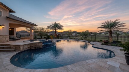 Fototapeta premium Serene Sunset Over Luxurious Backyard Pool