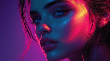 Portrait of a young woman with vibrant neon lighting and dramatic makeup.
