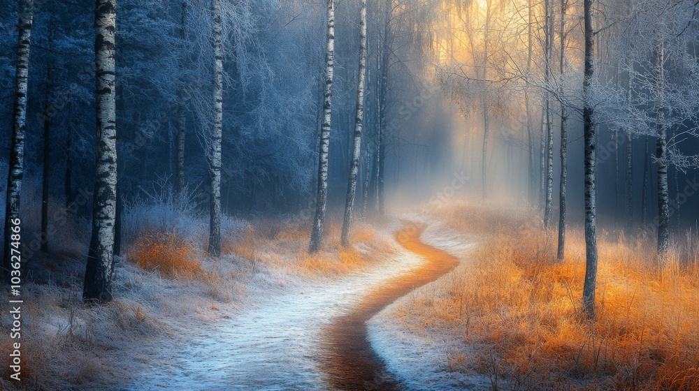 Aufkleber A winding, dirt path leads through a forest of birch trees, illuminated by the golden rays of the sun. The forest floor is covered in snow and frost, and the air is thick with fog.