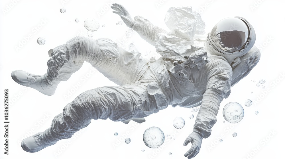 Poster a hyper-realistic full-body shot of a white astronaut floating gracefully in space, surrounded by tr