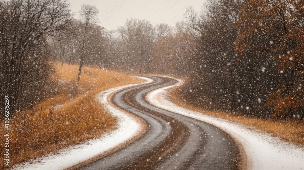 Poster a winding road curves through a winter landscape blanketed in snow, with trees lining the edges and 