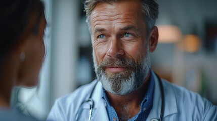 Fototapeta premium Caring Doctor Listening to Patient in Medical Office