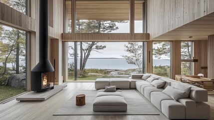 Obraz premium A living room designed with open space architecture, featuring wooden walls, minimalist furniture, and large windows that provide ample natural light, creating a harmonious modern living environment.