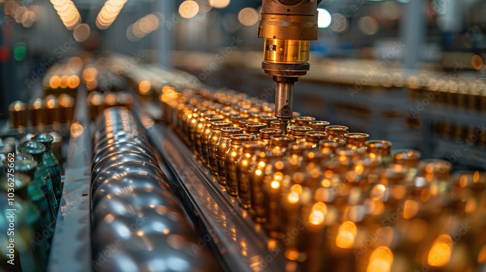 Poster a production line with automated machinery assembling beverage cans in a factory setting.