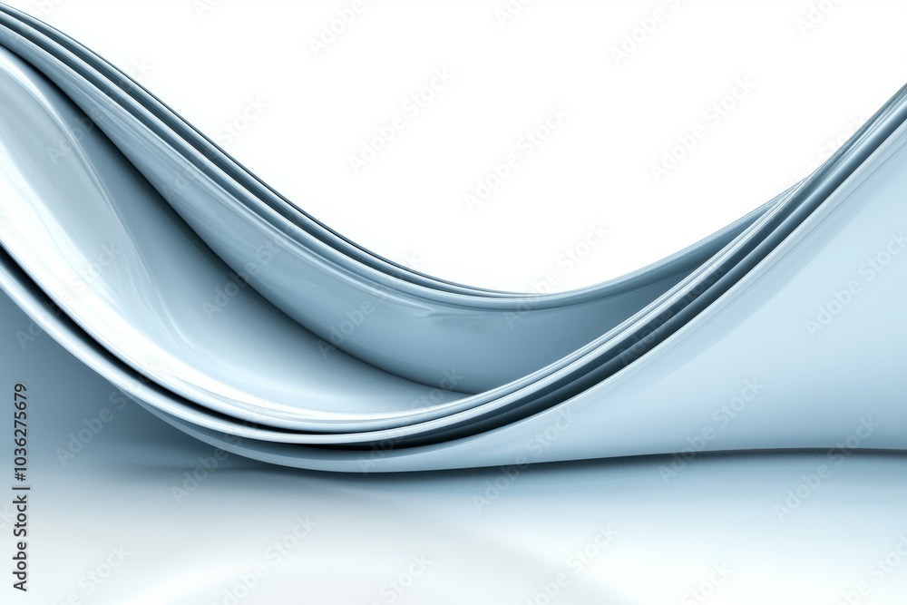 Poster curved white sheets of smooth material creating gentle waves on a reflective surface in a minimalist