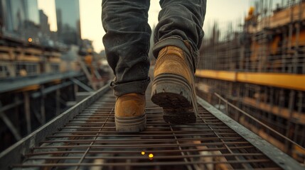 A low-angle close-up of a construction boots walking on narrow steel beams, surrounded by the industrial setting of a high-rise building under construction.