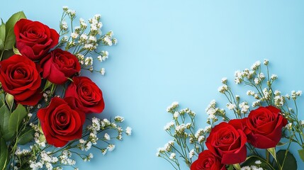 Bouquet with red roses and cute little flowers, light blue background, space for text