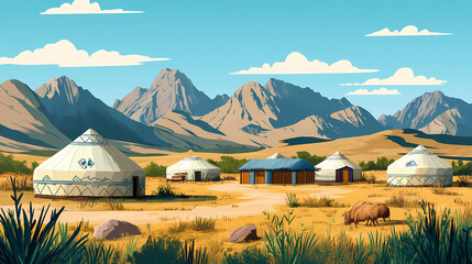 Nomadic life in uzbekistan: yurts and scenic mountain landscape for tranquil living. Mongolian Yurt Village. Illustration