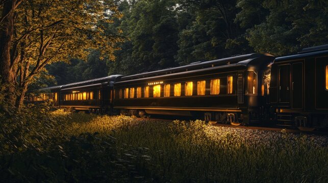 A luxurious sleeper train at night, with warm golden lights glowing from each window, traveling through a forested landscape.
