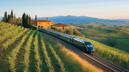 A luxury train journey through the rolling hills of Tuscany, with grapevine-covered slopes and charming farmhouses in view.