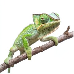 Obraz premium A green chameleon with white spots sits on a branch, looking to the right.