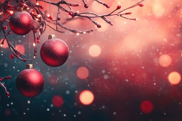 merry chrismas banner with twigs beautiful red balls and beautiful background , ai