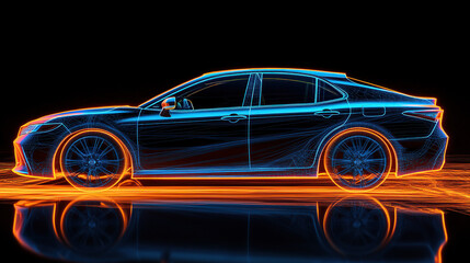 A digital artwork depicting a car, rendered in blue and orange neon light lines against a black background