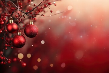 Fototapeta premium merry chrismas banner with twigs beautiful red balls and beautiful background , ai