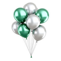 a bunch of silver and green balloons on ribbons. festive balls on a transparent background. design element. festive atmosphere