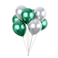 a bunch of silver and green balloons on ribbons. festive balls on a transparent background. design element. festive atmosphere
