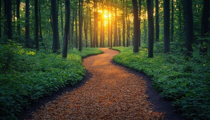 Fototapeta premium A winding path through a forest with sunlight filtering through the trees