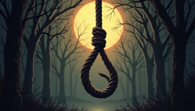  Eerie forest scene with a noose hanging from a tree